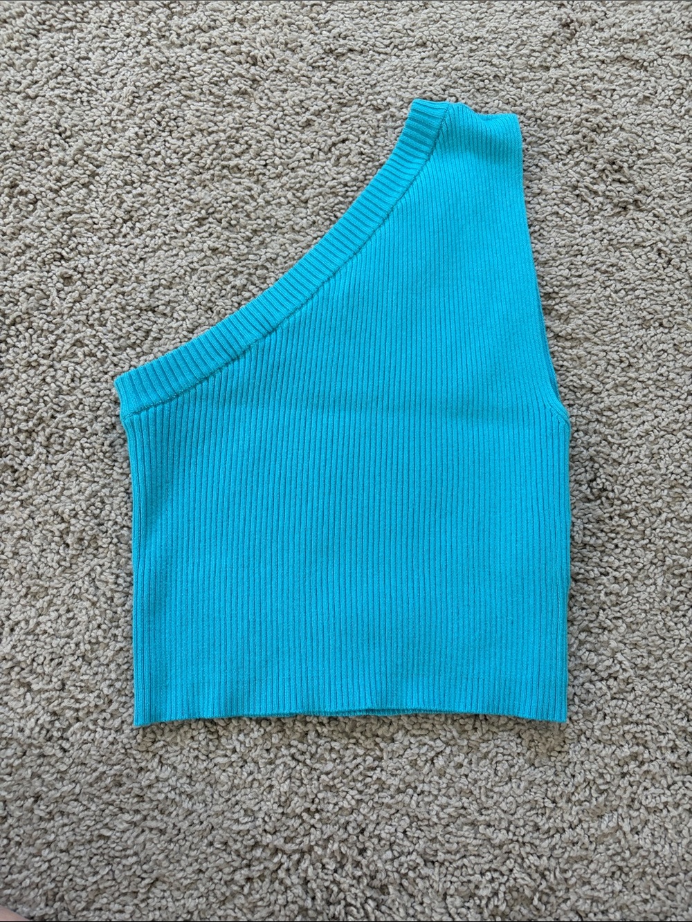 Camila Coelho One-Shoulder Ribbed Crop Top — Turquoise Blue